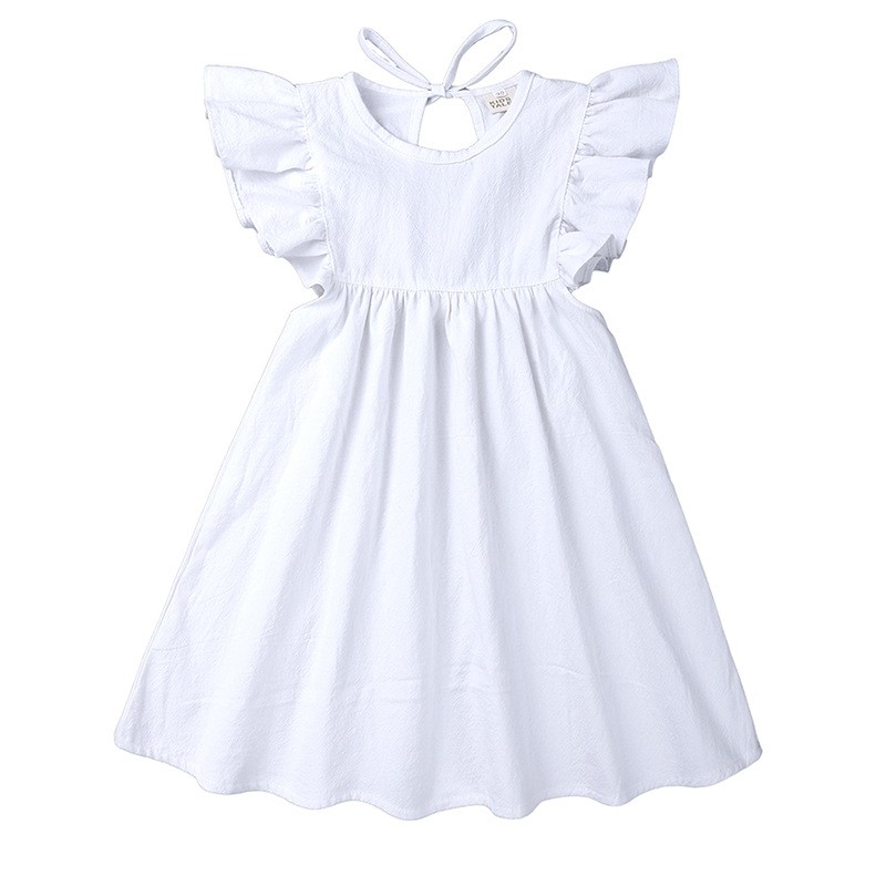 Solid White Girls Dress Ruffle Sleeve Kids Summer Clothes Baby Girls Linen Cotton Dresses A-line Casual O-neck Dress