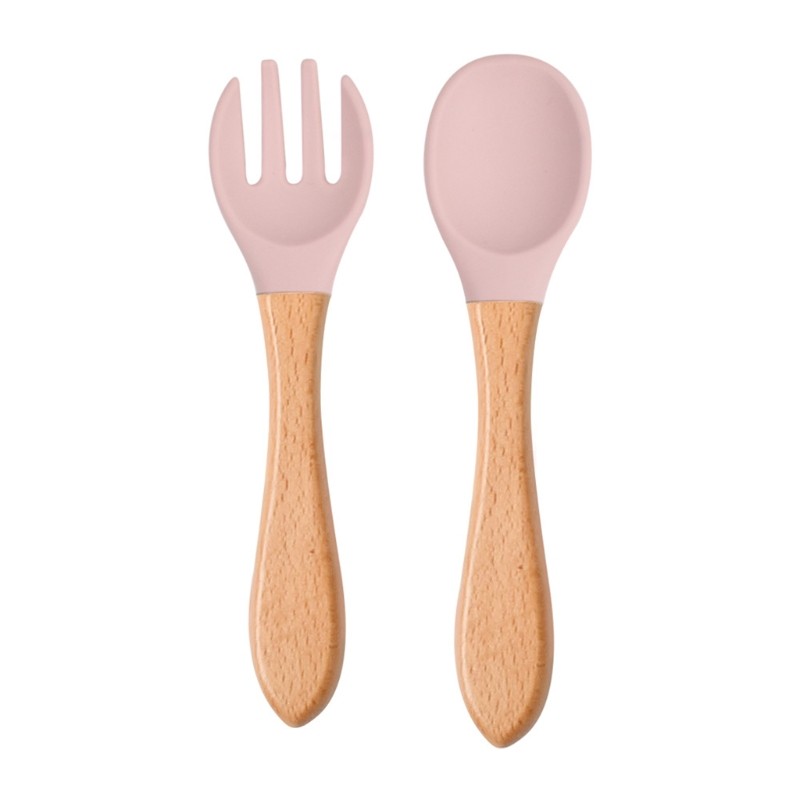 2pcs silicone tips baby feeding training spoon and fork set with wooden handle