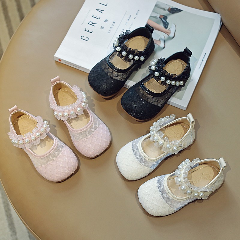 Girls Sandals Child Fashion Princess Pearl Net Surface Girls Shoes 2022 Pupils New Comfortable Single Shoes Baby Princess