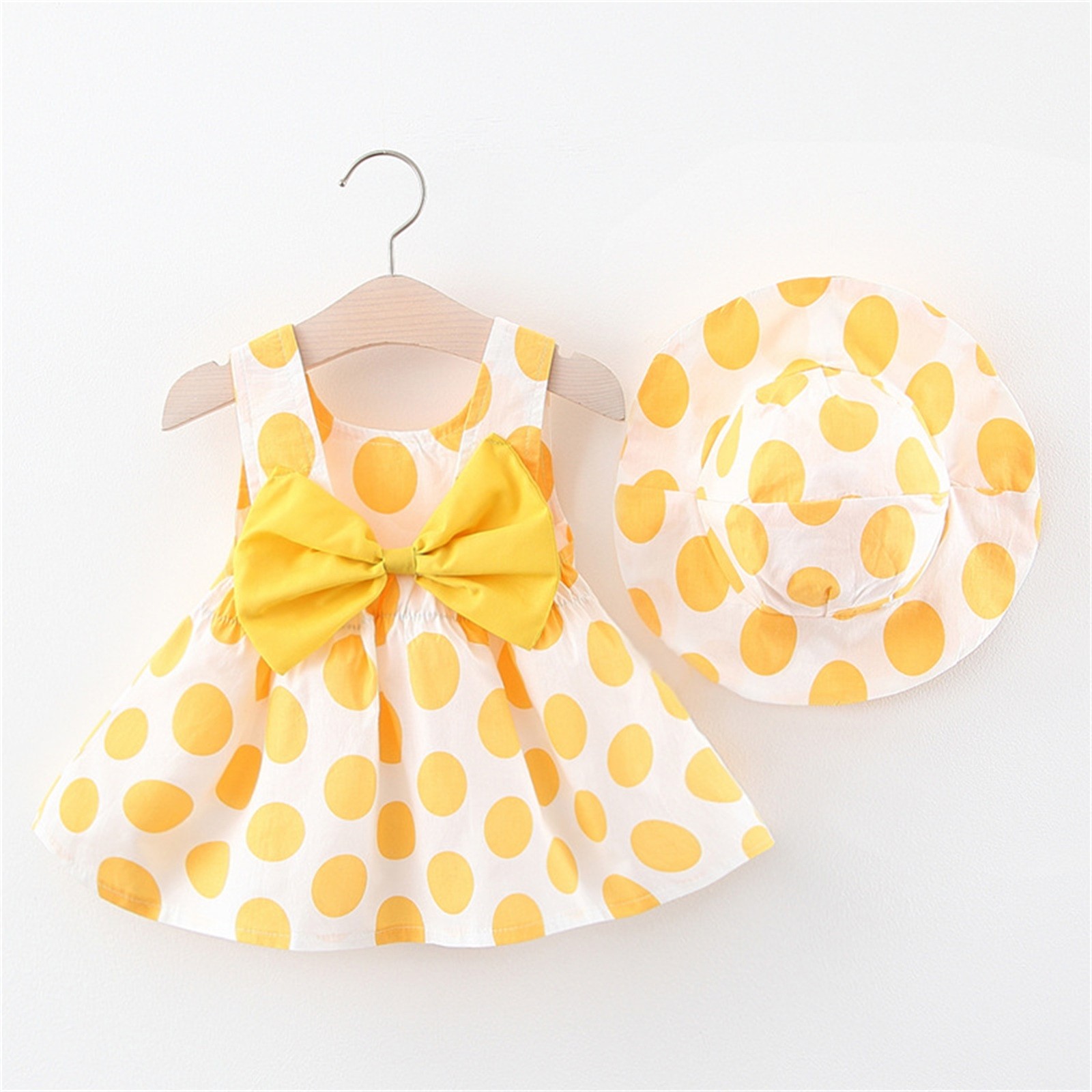 Cute Girls Dress New Summer Baby Boy Dresses Cute Sleeveless Bowknot Baby Dress Girls Dot Print Princess Dress Hat Set