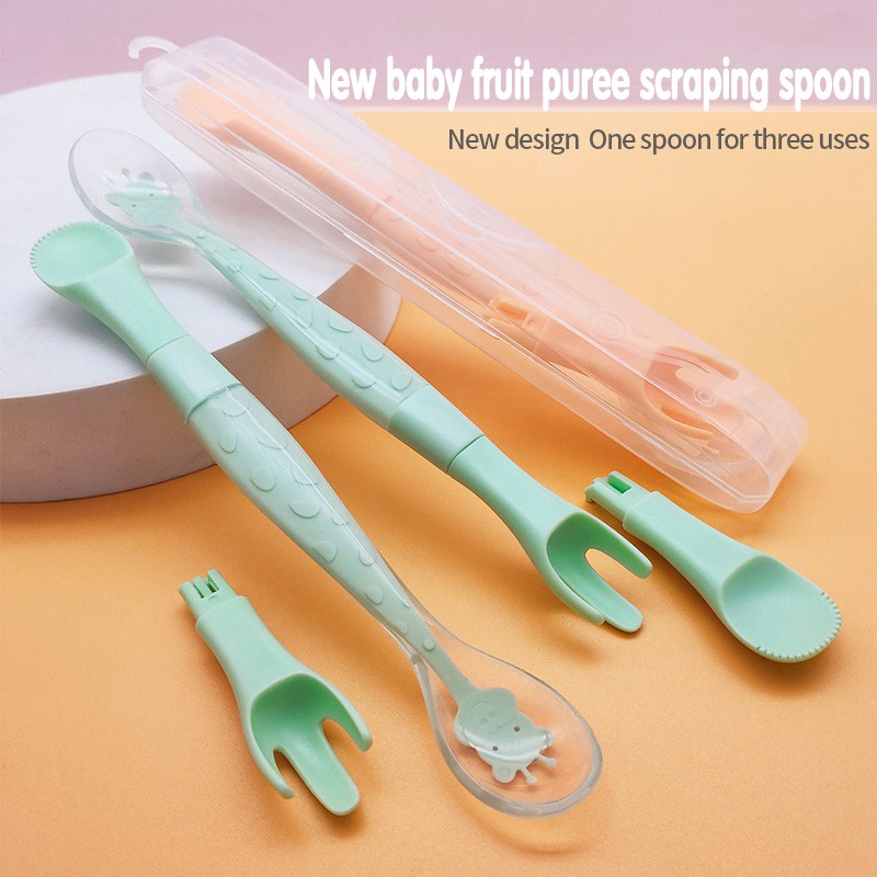 3 in 1 Baby Silicone Spoon and Fork Double-headed Fruit Squeezer Newborn Scraping Spoon Children Food Baby Feeding Tools Baby Spoon