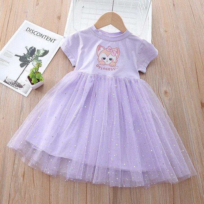 Fashion Summer Kids Clothes Cartoon Short Sleeve Princess Mesh Dress Baby Girls Birthday Costume Korean Pretty Vestidos