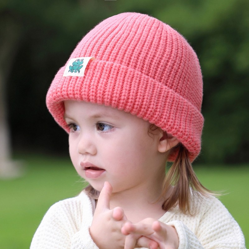 Autumn Winter Solid Color Baby Knitted Warm Hat Soft Casual Hemming Hat Kids Girls Boys Frog Label Beanies Clothes