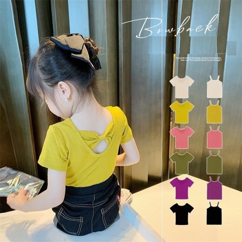 Girls T-shirt Kids Short Sleeve Back Bow-knot Baby Cotton Shirt Clothes 2022 Summer Chilren Hot Color Surface Tees