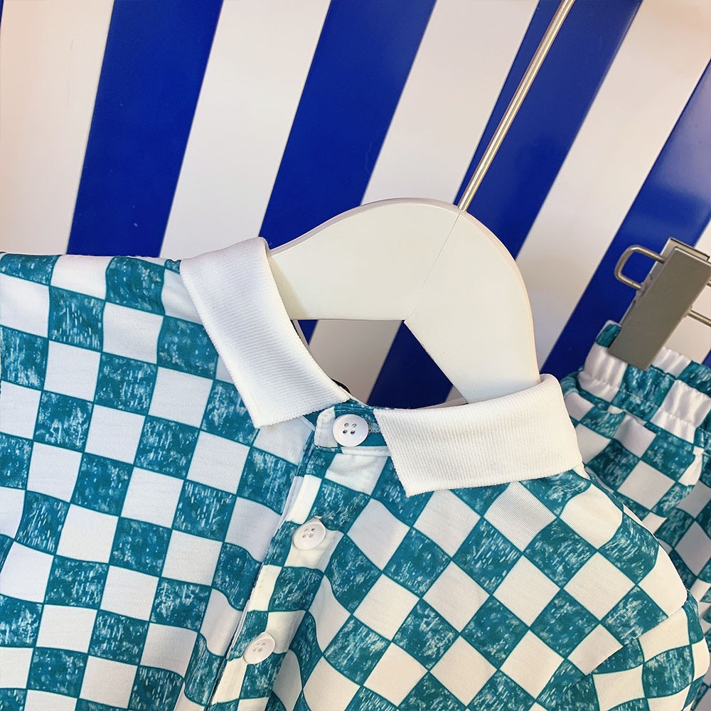 Designer 2022 popular summer new children's wear checkerboard loose shirt pullover short sleeve blouse boys and girls set