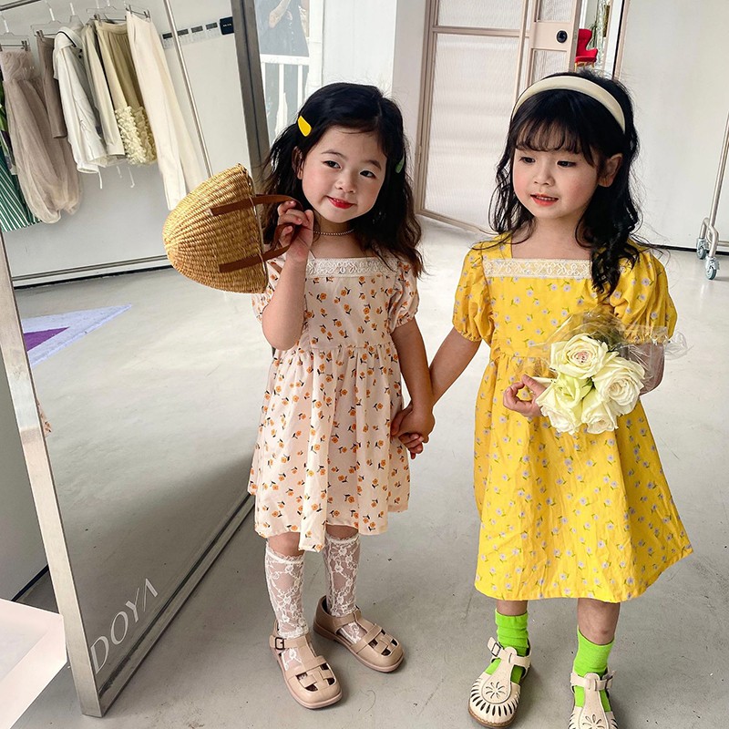 MILANCEL 2022 Spring New Kids Clothes Square Collar Girls Floral Dress Cotton Girl One Piece Korean Children Clothes