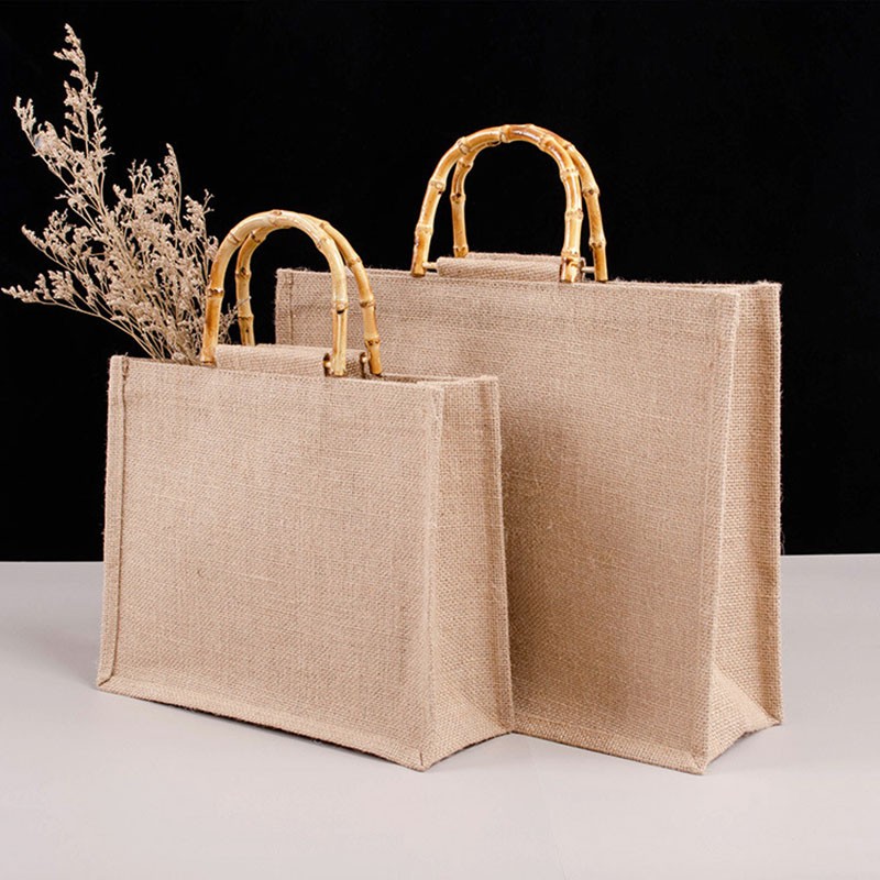 Portable Burlap Shopping Bag Jute Handbag Bamboo Ring Retro Carry Handles DIY Handbag Women Large Size Beach Bag for Girls