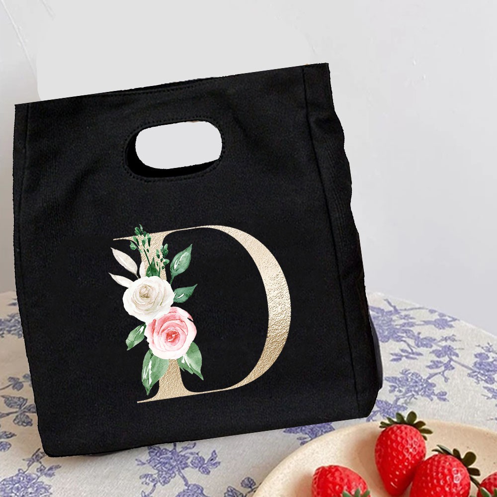 Rose Flower Letters A-Z Canvas Lunch Bag Harajuku Insulated Functional Thermal Pouch Cooler Bags for Women Funny Kid Picnic Box