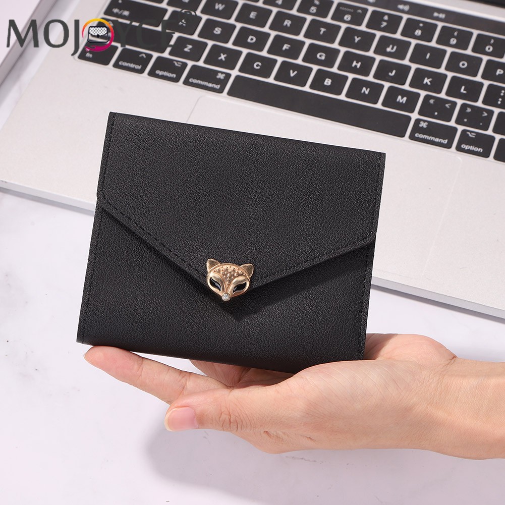 Simple Fashion Women Trifold PU Leather Small Wallet Portable Solid Color Casual Business Card Holder Fox Shape Hasp Coin Purse