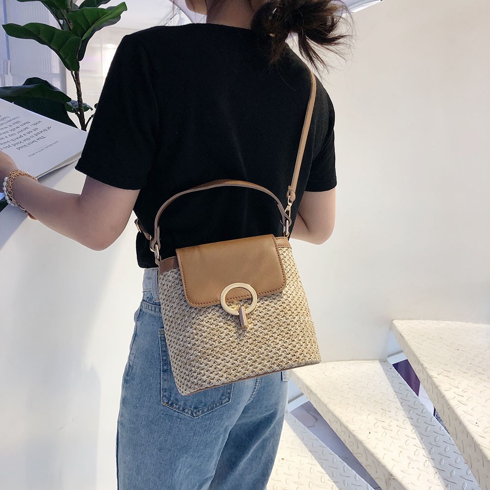 Women Bucket Casual Crossbody Bags Straw Weave PU Patchwork Top Handle Bags Summer Beach Female Flap Shoulder Messenger Bags