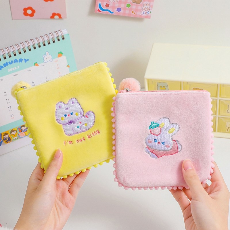 Cute Women Bag Sanitary Napkins Flannel Girls Coin Purse Sweet Embroidery Animals Card Case Holder Storage Female Money Bag