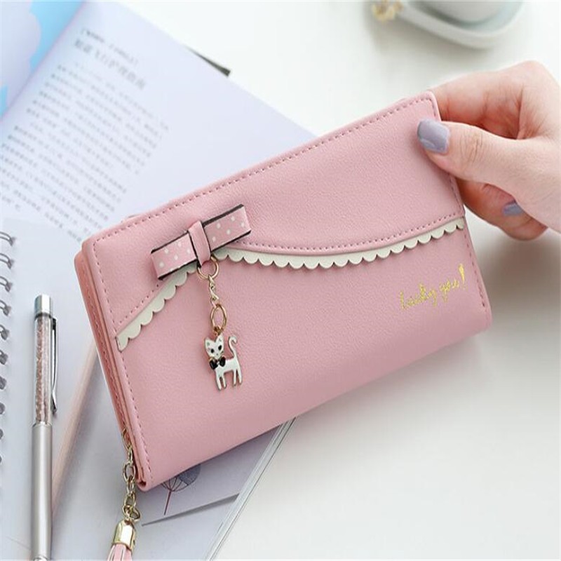 PU long wallet leather wallet women card holder purse sweet bow cute cat pendant tassel ladies clutch phone money coin bag portemonny