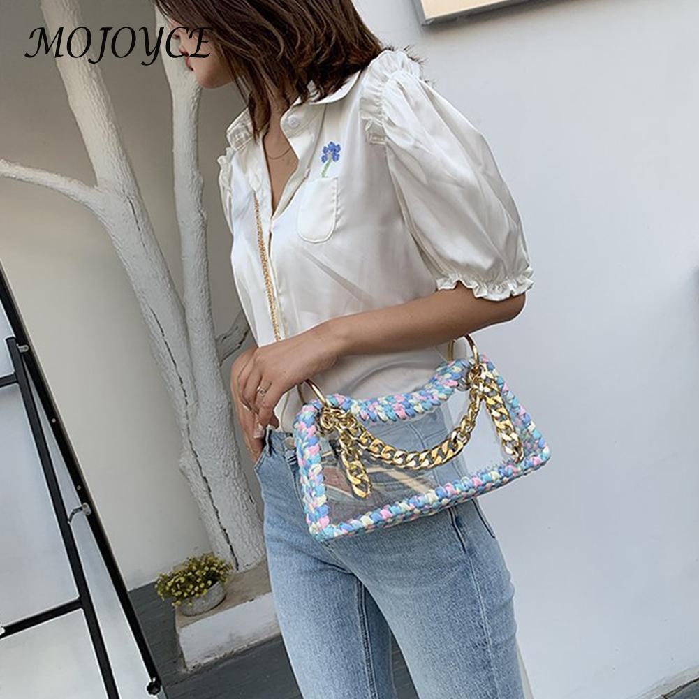 Summer Women Hand Woven Handbag Clear Waterproof Chain Shoulder Crossbody Bags Women Summer Purse for Travel Shopping