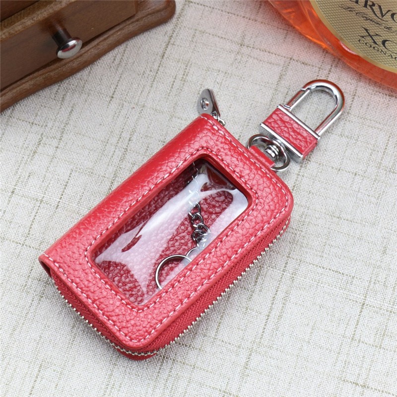 Leather Zipper Box Home Car Key Case Key Chain Women Home Organizer Transparent Window Key Bag Wallet