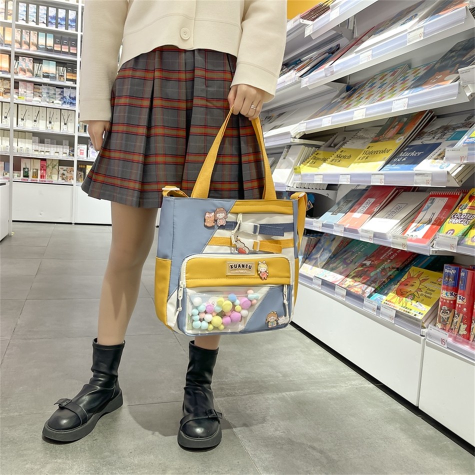 Kawaii Large Capacity Tote Bags Trendy Nylon Patchwork Shoulder School Book Bag For Teen Girls Fashion Student Crossbody Bag Sac