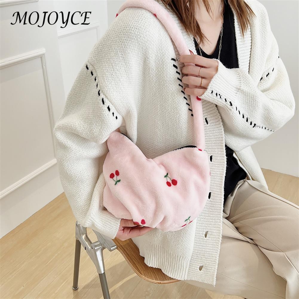 Female Fashion Cherry Pattern Shoulder Bag Winter Mobile Phone Top Handle Bag Warm Plush Tote Decorative Handbag