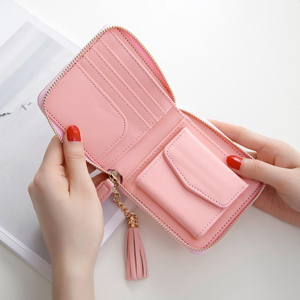 Zipper Closure Soft Short With Tassel Drop Smooth Daily Solid Square PU Leather Fashion Women Wallet