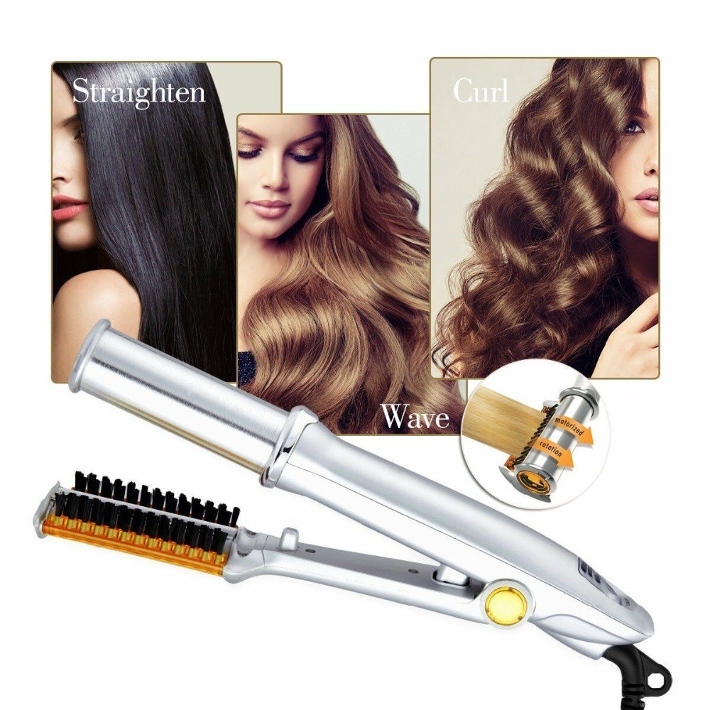 2 in 1 Hair Curler Hair Straightener Styling Tools LCD Ceramic Rotating Hair Waver Magic Curling Wand Iron. a brush