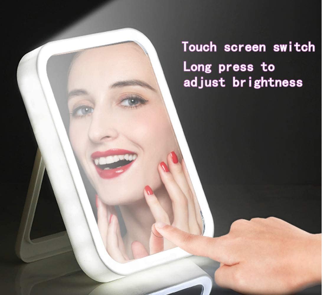 LED Makeup Mirror Touch Screen 3 Light Portable Standing Folding Vanity Mirror 5X Magnifying Compact Cosmetic Mirror