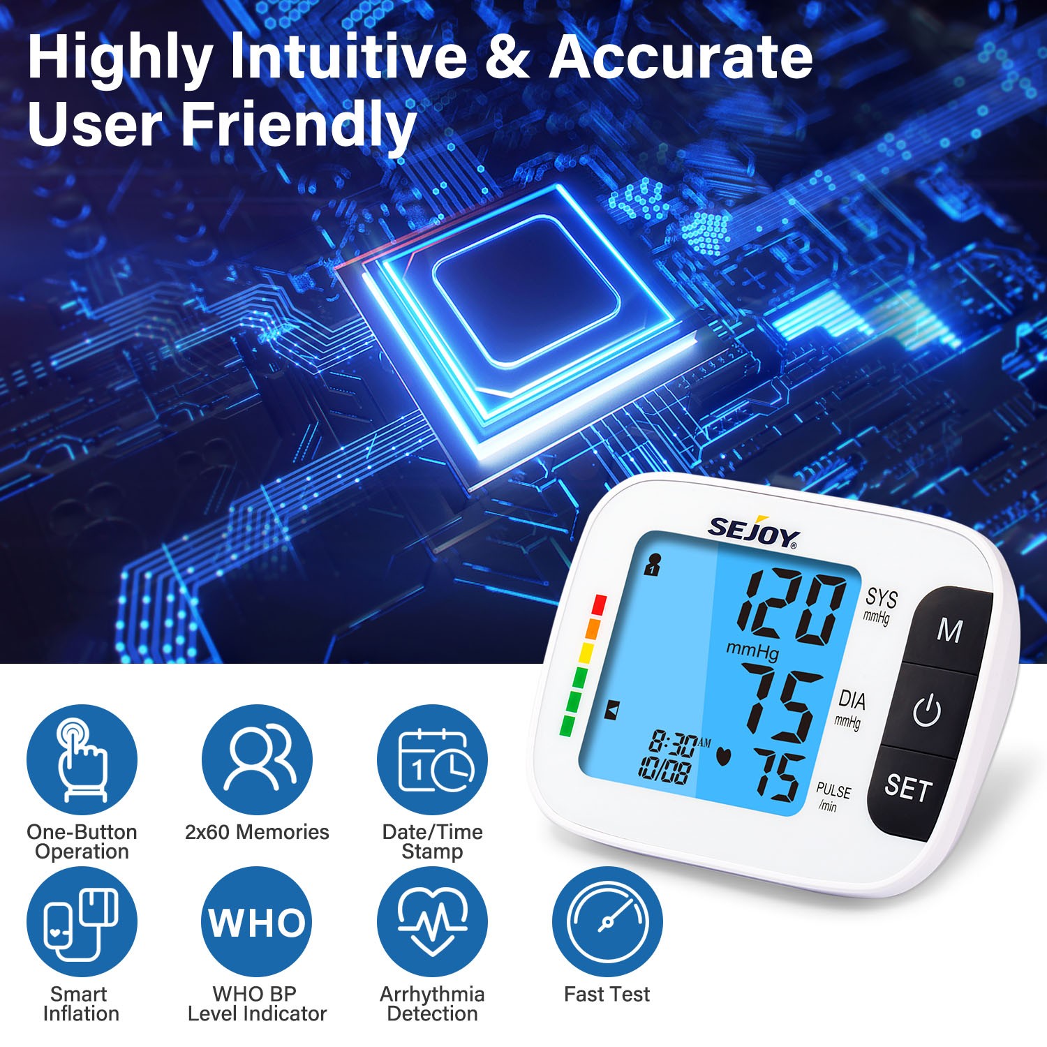 Typing arm automatic upper blood pressure monitor BP cuff machine with backlight display English and Spanish talking for home use