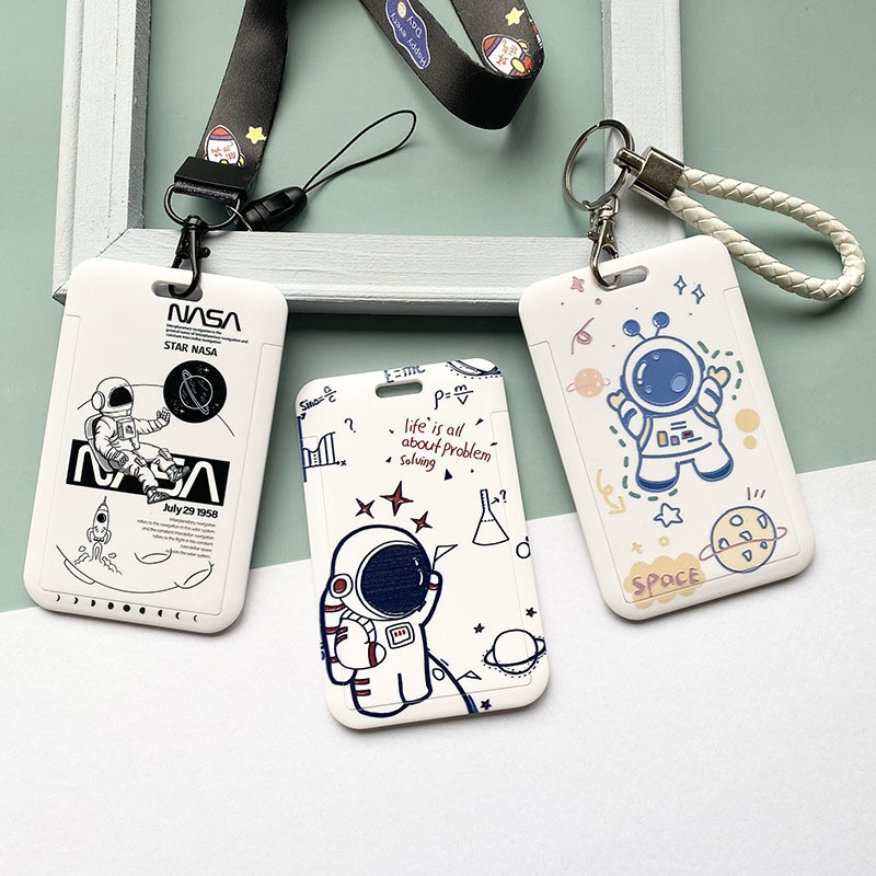 Cute Astronaut Cartoon Card Holder Keychain Student Doll Access Control Ic Card Sliding Certificate Cover For Women Men Wallet