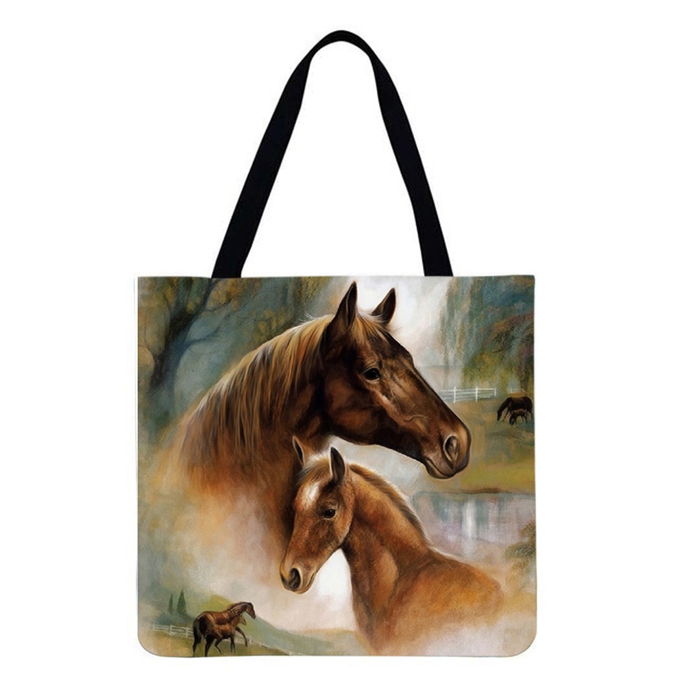 Reusable Linen Shopping Bags Casual Ladies Animal Horse Printed Pattern Tote Square Large Capacity Storage Bag