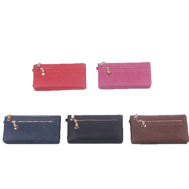 Fashion Women Wallets Dull Polish Leather Wallet Double Zipper Day Clutch Purse Wristlet Coin Purse Card Holder Billetera