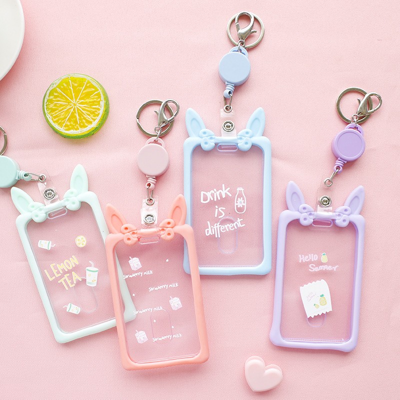 Cute Ear Card Holder Retractable Piggy Milk Bottle Student Card Holder Bus Pass Cover Keychain Card Badge Storage Bag