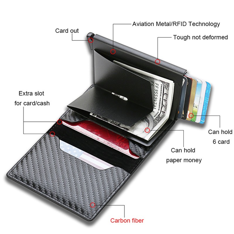 DIENQI Men's Carbon Fiber Card Holder, Branded, Charming Black, Leather Three Layers, Small for Money