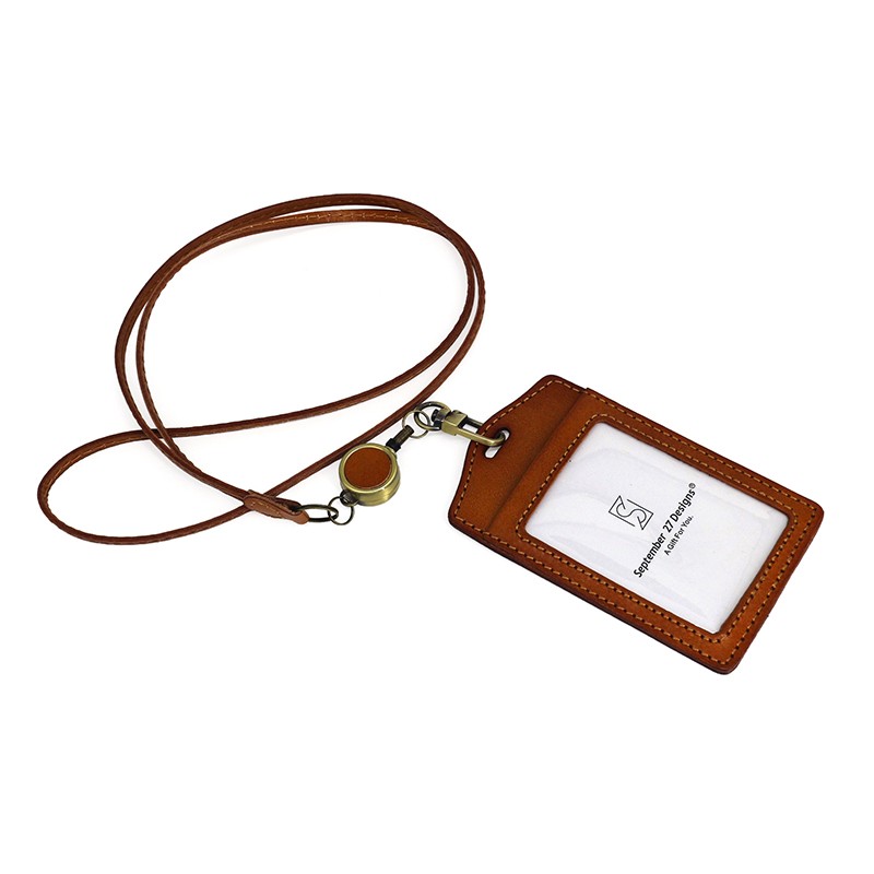 New Fashion ID Badge Holder First Layer Leather High Quality Handmade 100% Genuine Leather Stretch Work ID Hanging Neck Badge Tag