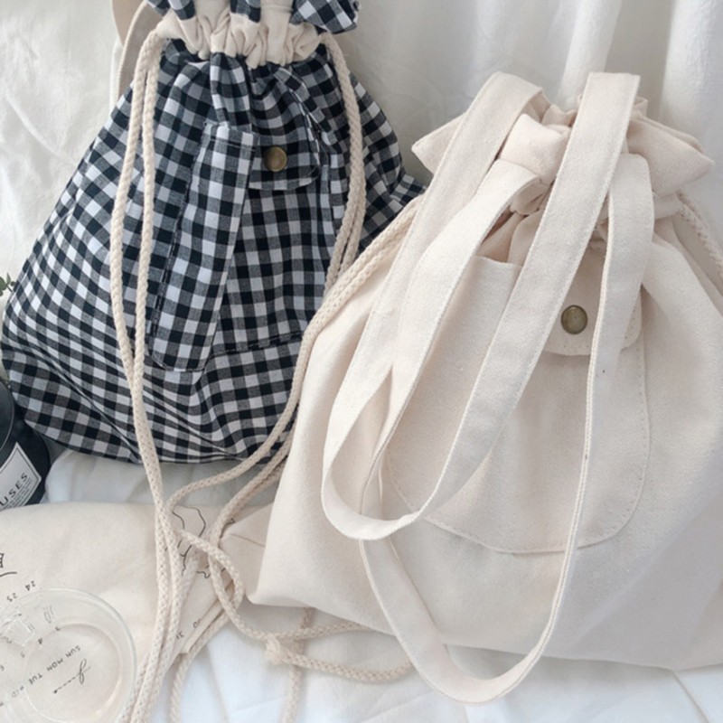 Shopping Bags For Women Plaid Casual Drawstring Adjustable Ins Cute Students Shopper Bag Korean Style