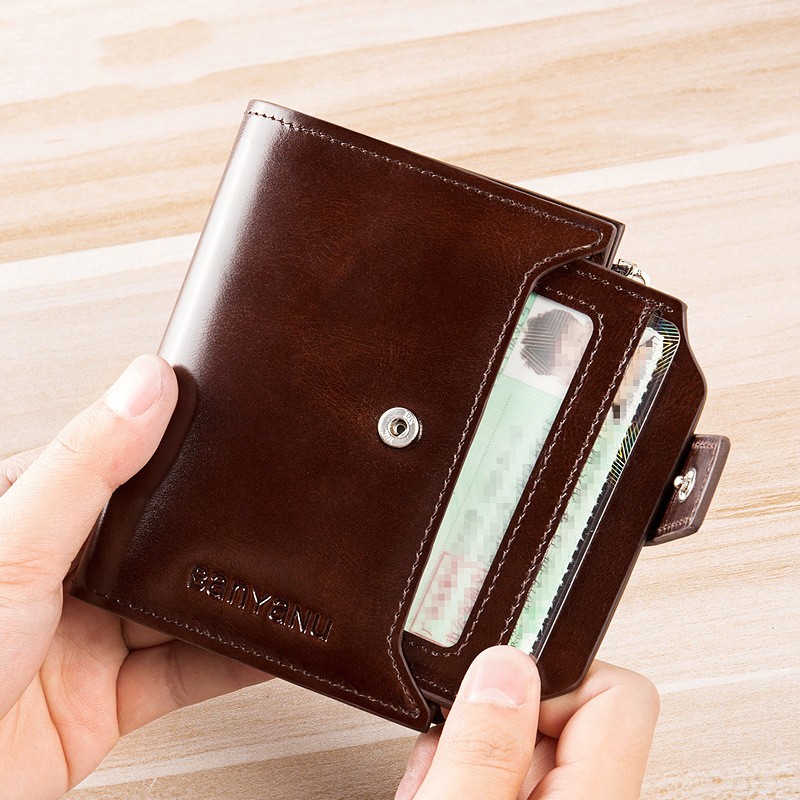 Men's Genuine Leather RFID Blocking Trifold Wallet Short Vintage Multifunctional Credit Card Holder Coin Zipper Pocket Money Bags