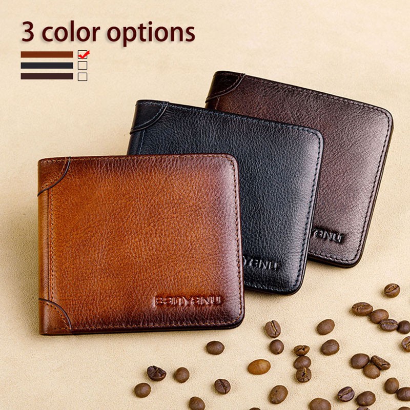 Men's Rfid Blocking Genuine Leather Bifold Wallet Vintage Slim Short Multifunctional Large Capacity Cowhide Wallet Money Clip