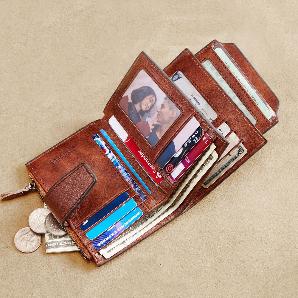 Men's Genuine Leather Wallet Vintage Short Multifunctional Business Card Holder RFID Blocking Zipper Coin Pocket Money Clip