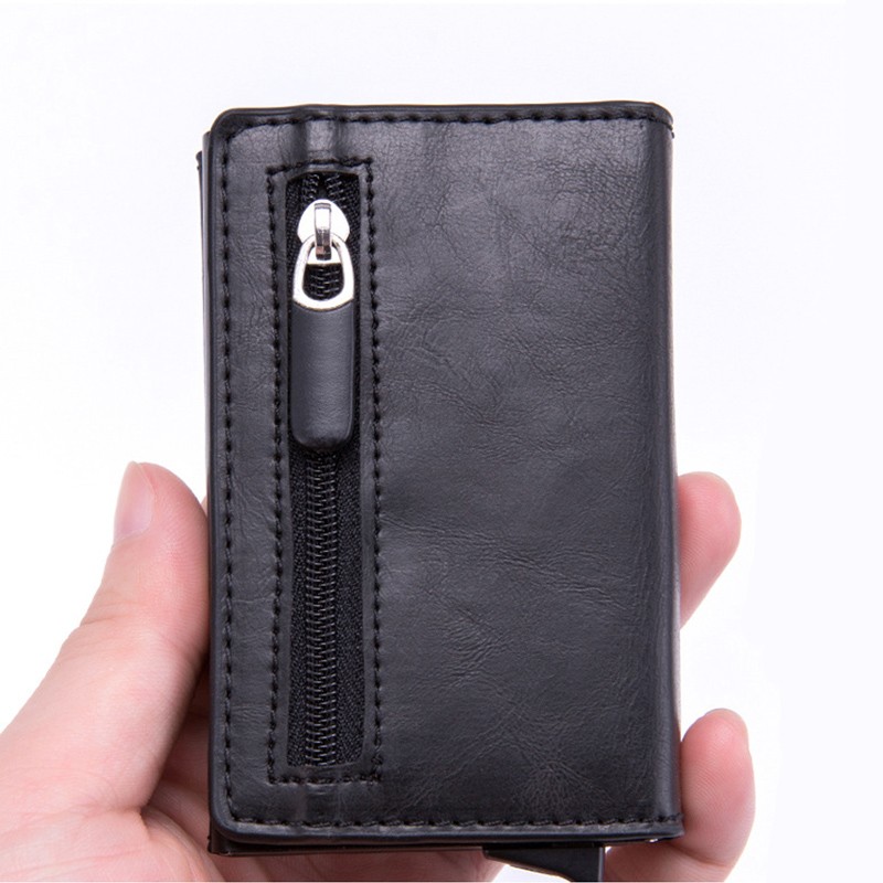 DIENQI Anti Rfid ID Card Holder Case Men Leather Metal Wallet Male Coin Purse Women Mini Carbon Credit Card Holder With Zipper