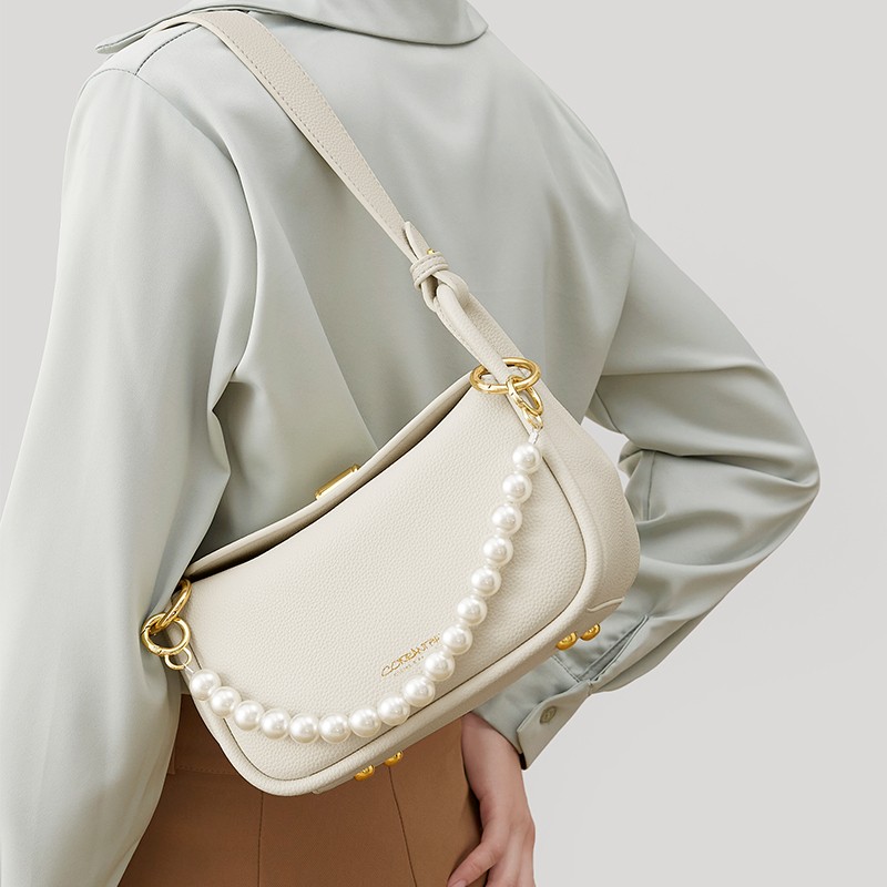 Elegant Women's Underarm Bag Shoulder Bags Pearl Decoration Fashion Trendy Luxury Designer Cowhide Female Handbags