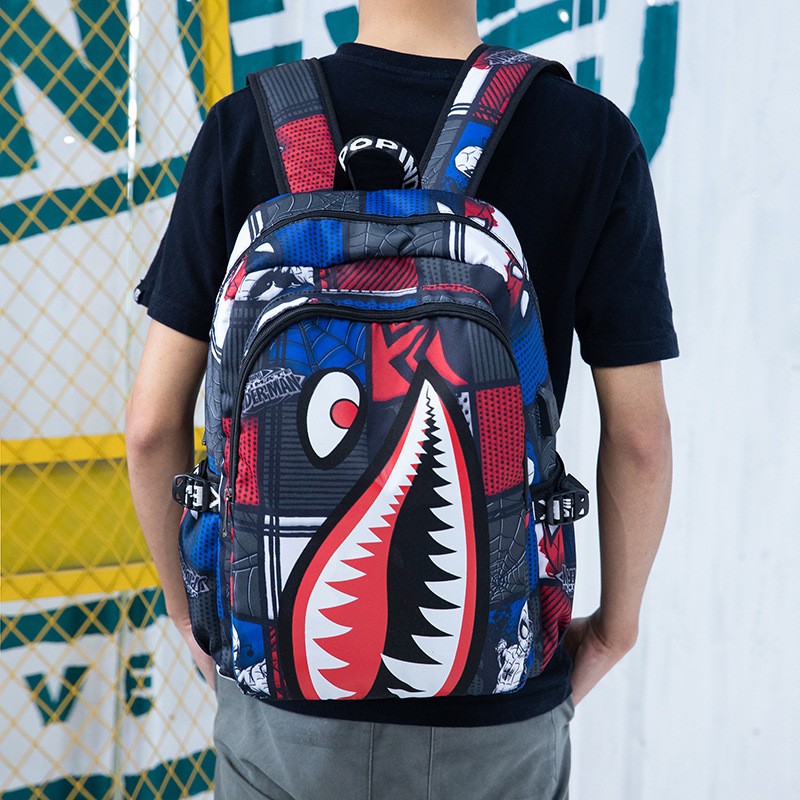 Fashion trend lightweight shark boy student backpack computer USB charging simple printing personality junior high school bag