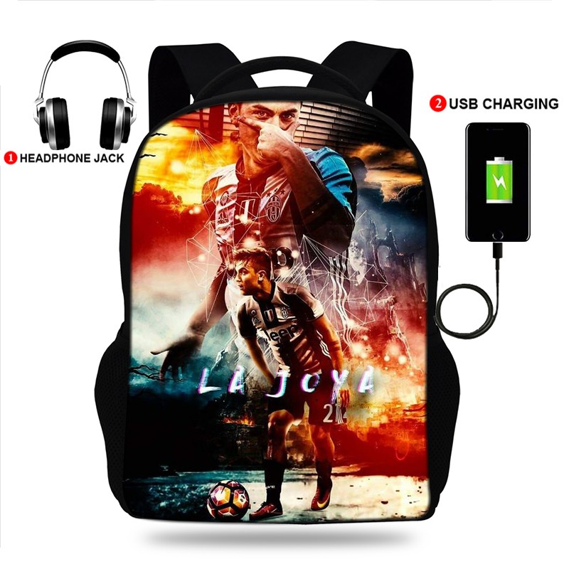 Oxford Paulo Dybala School Backpack, School Backpack with USB Cable and Shoulder Bag for Teenagers Girls Boys