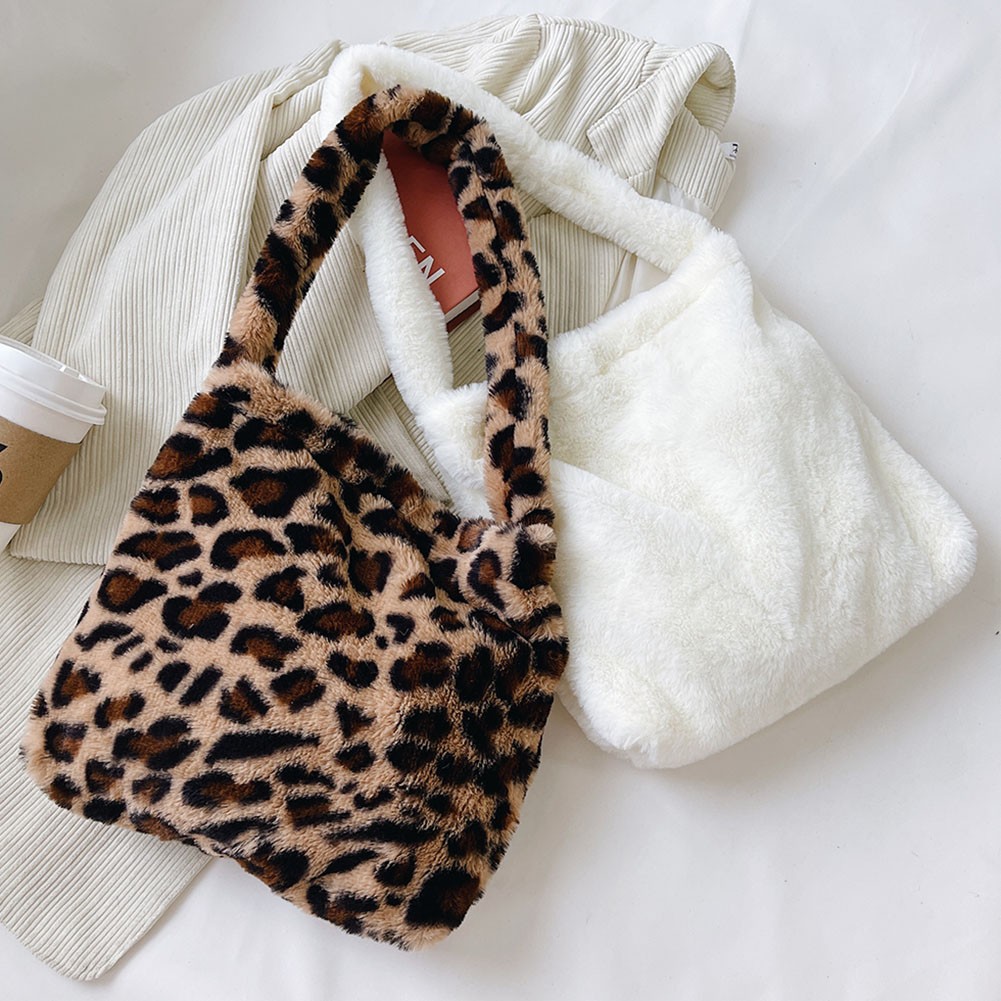 Love Heart Print Bags for Women 2021 Soft Plush Shoulder Bags Female Leopard Pattern Handbag Winter Warm Fluffy Bucket Bags