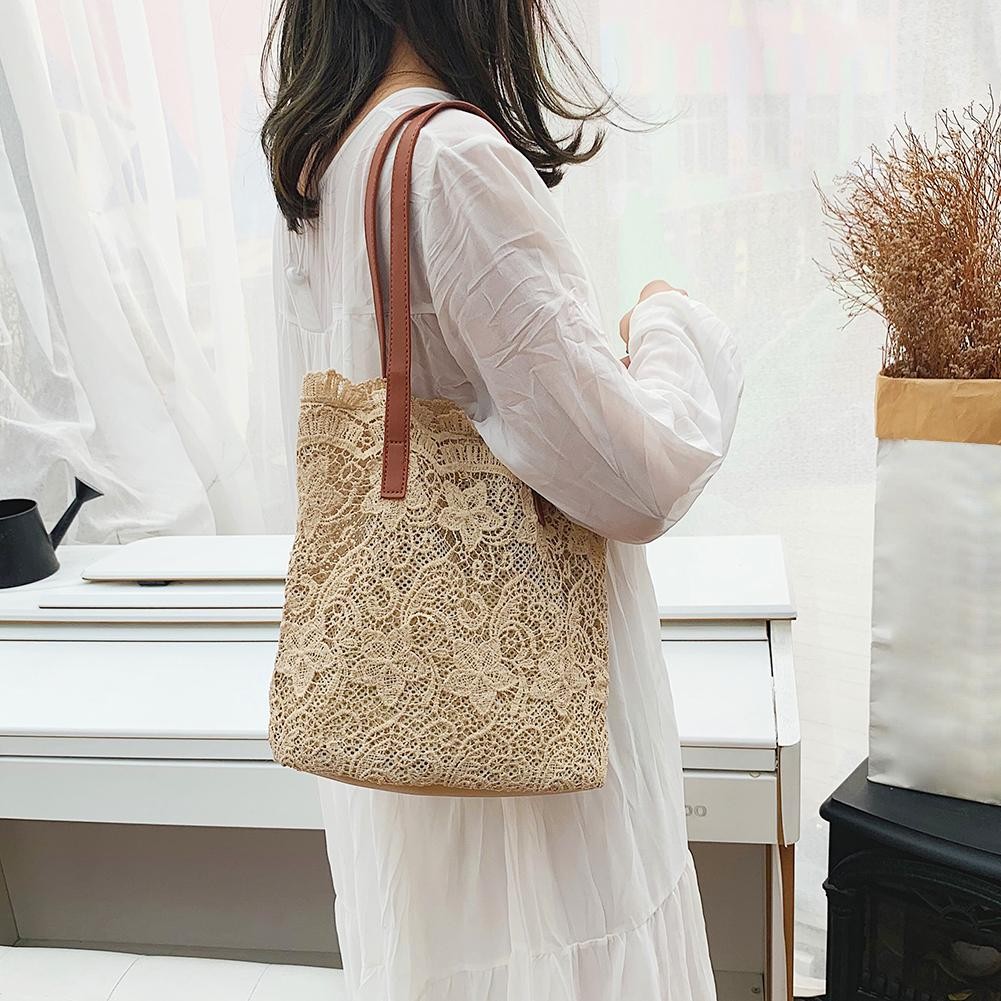 Lace Perforated Shoulder Bag for Women Elegant Beach Bag Large Capacity Composite Collection Summer 2021