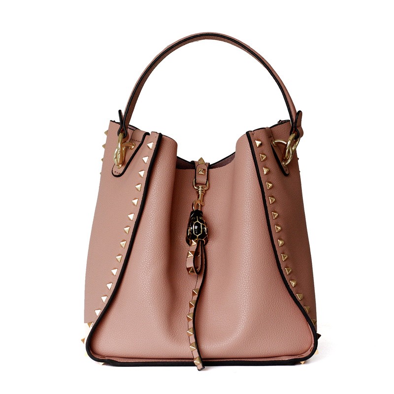 Genuine leather rivet bucket bag, purses and handbags luxury designer studded cowhide ladies shoulder bag with crossbody strap