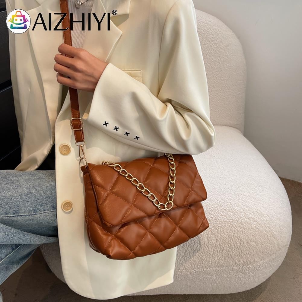 Women's PU Leather Diamond Lattice Shoulder Bag Lady Embroidery ThreadChain Flap Crossbody Bag