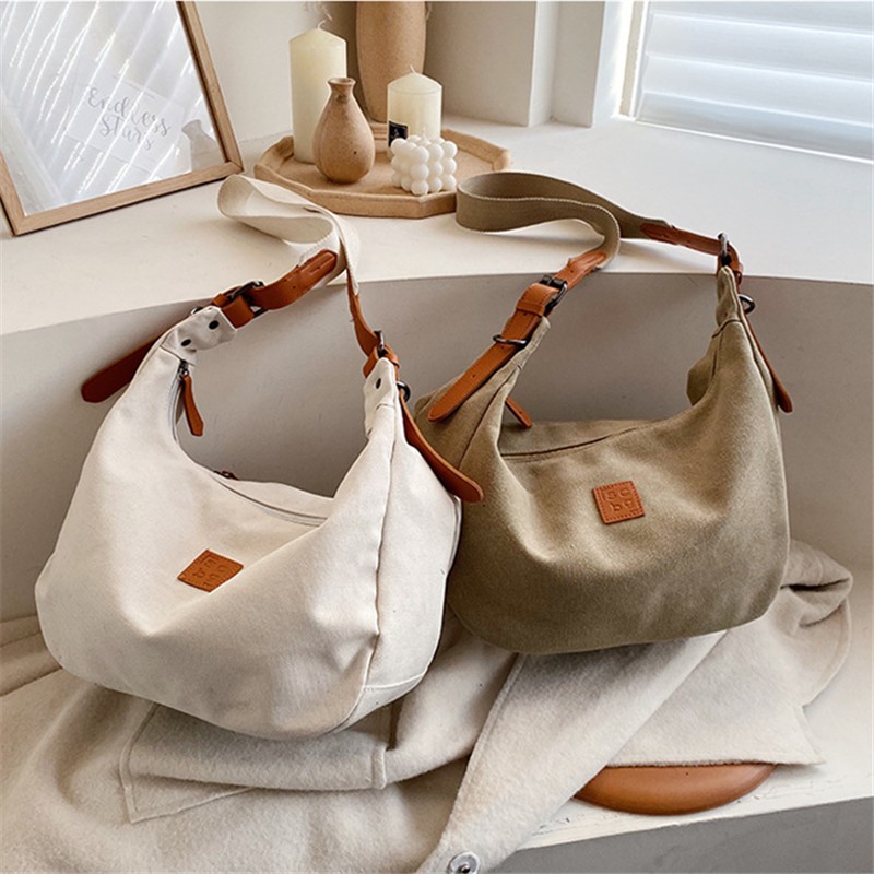 2022 Women Retro Messenger Bag Canvas Handbags For Girls Zipper Solid Leather Patchwork Casual Tote Large Shoulder Shopping Bag