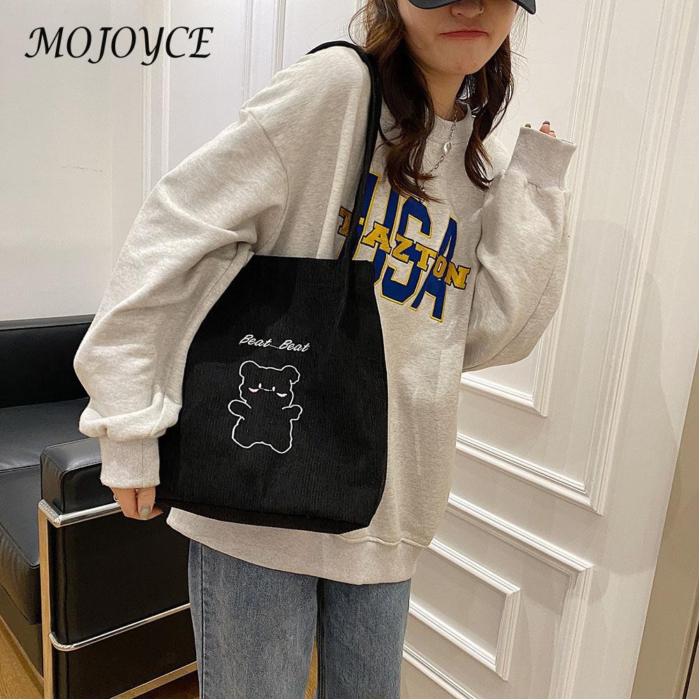 Female Creative Fashion Shoulder Bag Bear Print Corduroy Shopping Underarm Large Capacity Daily Women Bags