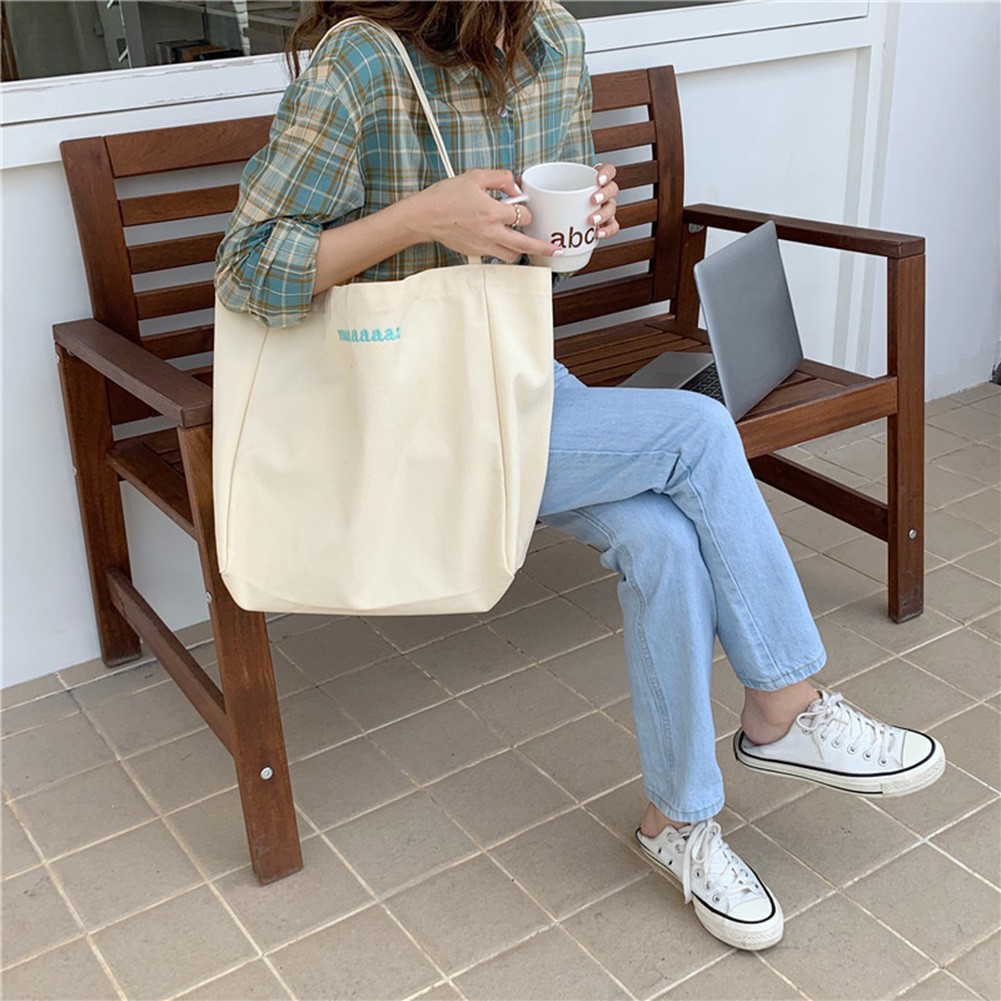 Women Canvas Simple Casual Handbags Embroidery Letters Print Large Capacity Female Shoulder Bags Solid Color Lady Shopping Bags