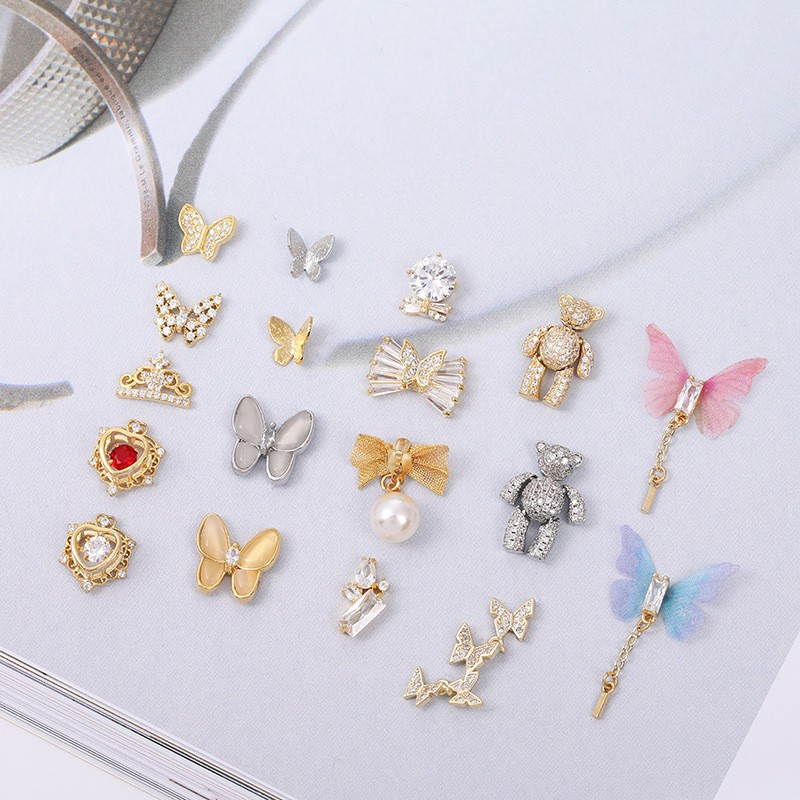 3pcs nail art jewelry 3d metal butterfly real gold zircon full diamond activity bear butterfly pendant nails