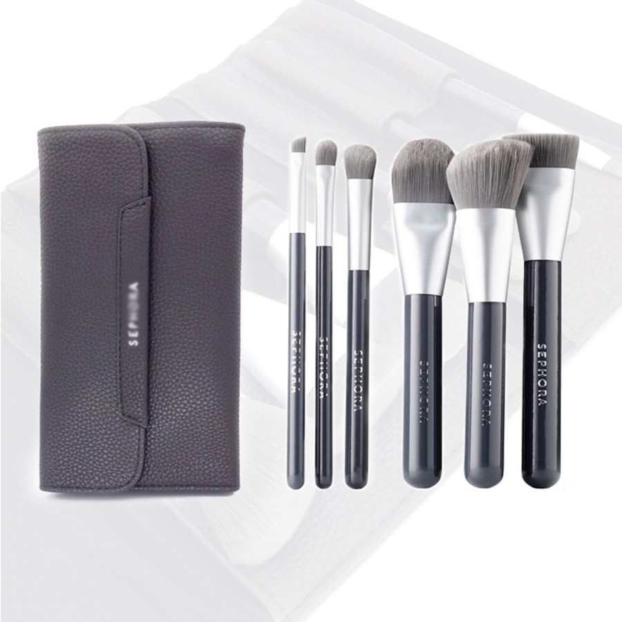 Sephora 6Pcs Set Makeup Brushes With Bag, Charcoal Infused Concealer Loose Powder Precision Sweep Foundation Eyeliner Brush Kit