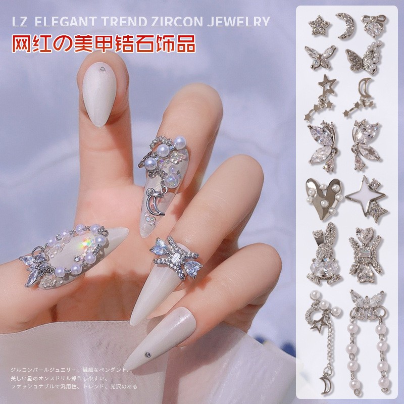 3pcs Nail Art Silver Zircon Star Moon Love Pearl Rabbit Butterfly Chain Nail Decoration