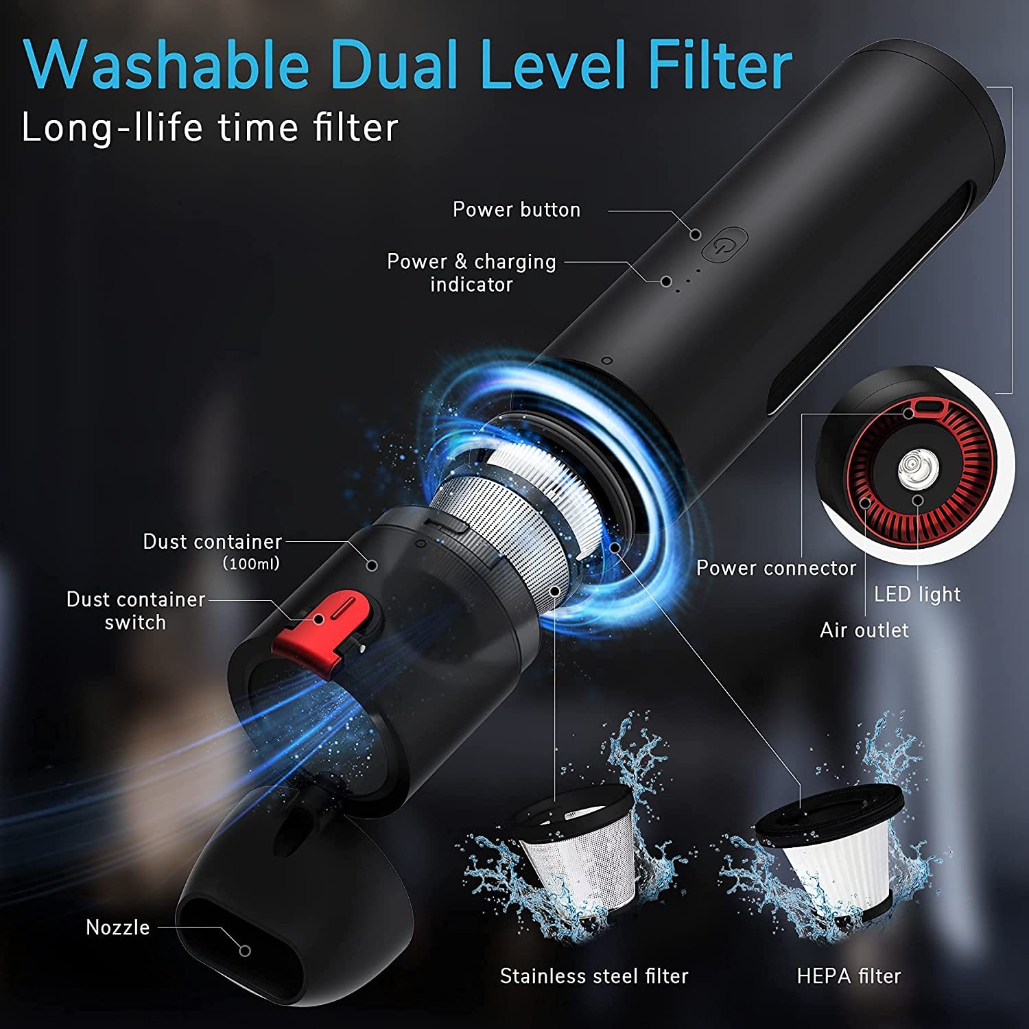 Car Vacuum Cleaner High Power Cordless Handheld Rechargeable Portable Vacuum Adjustable Suction Power LED Light for Car Home