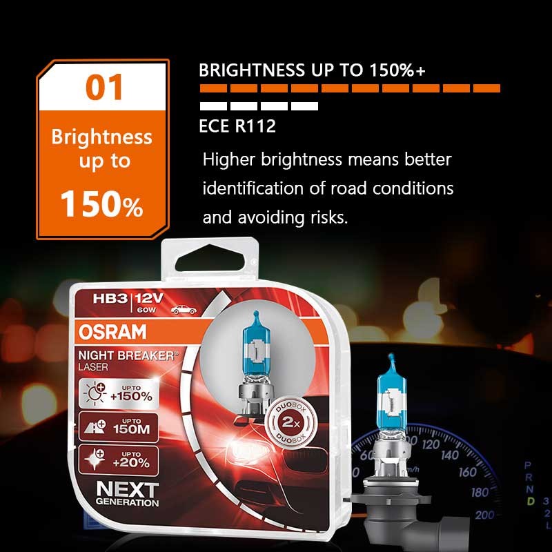 OSRAM H7 H4 H1H8 H3 H11 9005 9006 HB3 HB4 Night Breaker Halogen Bulbs Fog Lights 12V 55W 3700K + 150% Brightness (2pcs)